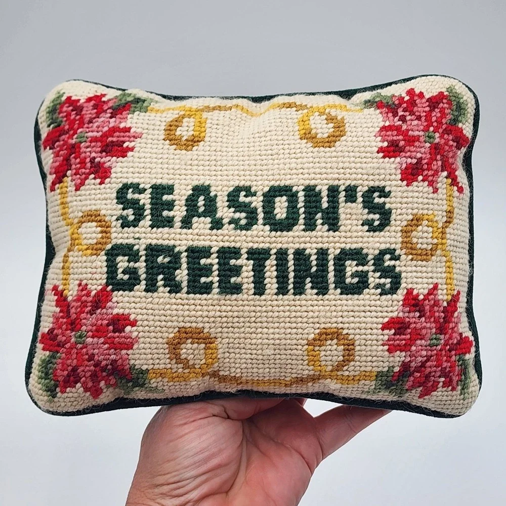 Vintage Seasons Greetings Needlepoint Pillow Christmas Poinsettia Holiday Decor